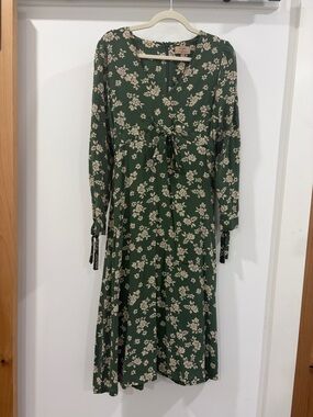 Anthropologie Kachel X Muted Forest Green Floral Tie-Front Midi Dress